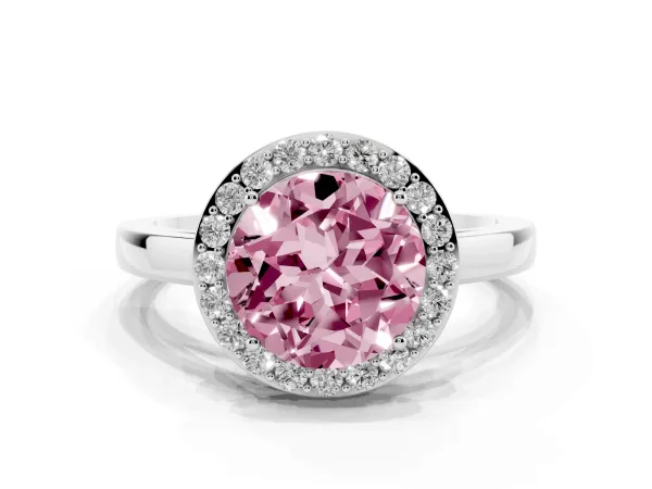Fancy Pink Round Cut Halo Diamond Ring with Solitaire Band and Prong Setting White gold