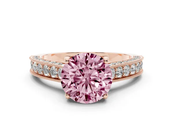 Fancy Pink Round Cut Cut Diamond Solitaire Ring with Milgrain Pave Band and Four Prong Setting Rose gold