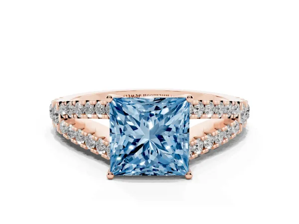 Fancy Blue Princess Cut Diamond Split Shank Engagement Ring with Round Pavé and Prong Setting Rose gold
