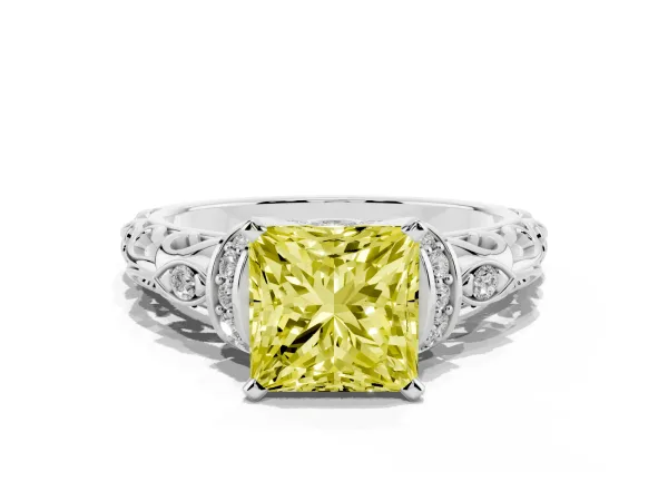 Fancy Yellow Princess Cut Diamond Solitaire Ring with Filigree Band and Four-Prong Setting Platinum
