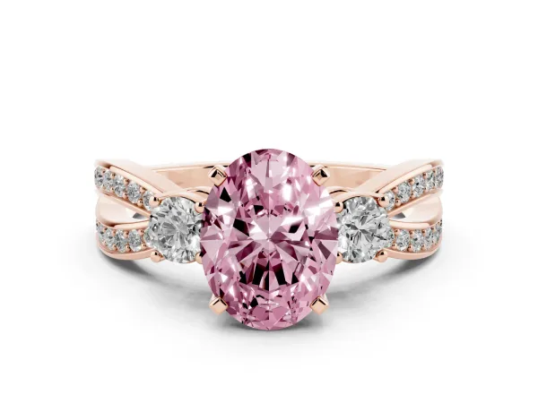 Fancy Pink Three-Stone Oval Cut Cut Diamond Twist Band with Prong Setting Rose gold