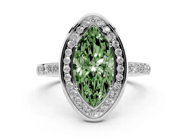 Fancy Green Marquise Cut Diamond Halo Ring with Bezel Frame and Pavé Band Platinum