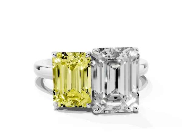 Fancy Yellow Emerald Cut and Emerald Cut Toi Moi Ring with Prong Setting White gold