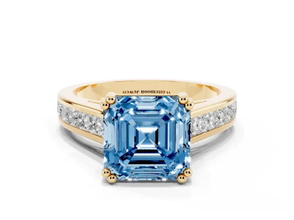 Fancy Blue Asscher Cut Cut Channel Set Solitaire Engagement Ring with Prong Setting Yellow gold