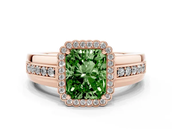 Fancy Green Radiant Cut Cut Halo Pave Band Four-Prong Ring Rose gold