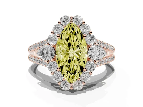 Fancy Yellow Marquise Cut Halo Split Shank Diamond Engagement Ring with Prong Setting Rose gold
