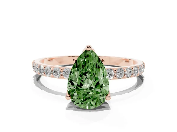 Fancy Green Pear Cut Diamond Solitaire Engagement Ring with Round Pavé Band and Prong Setting Rose gold