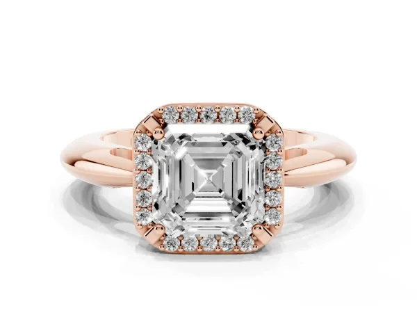 Asscher Cut Cut Diamond Halo Engagement Ring with Split Shank and Four-Prong Setting Rose gold