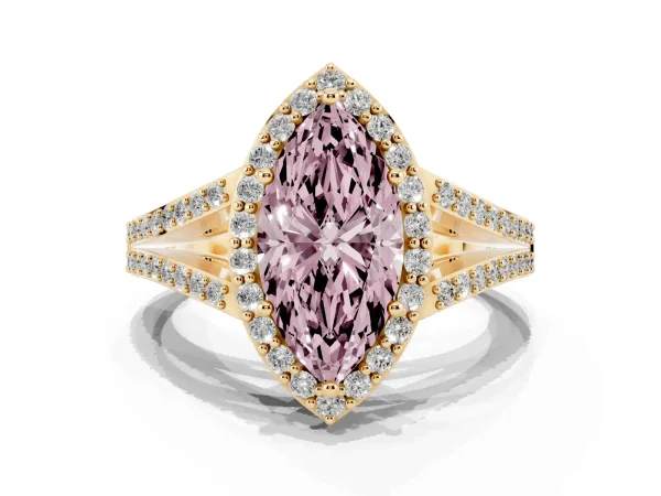 Fancy Pink Marquise Cut Halo Split Shank Pave Diamond Ring with Four-Prong Setting Yellow gold