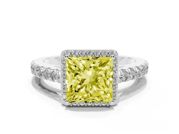Fancy Yellow Princess Cut Cut Halo Diamond Engagement Ring with Pave Band and Four-Prong Setting White gold