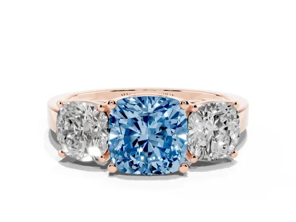 Fancy Blue Three-Stone Cushion Cut Cut Diamond Engagement Ring with Flat Band and Four-Prong Setting Rose gold