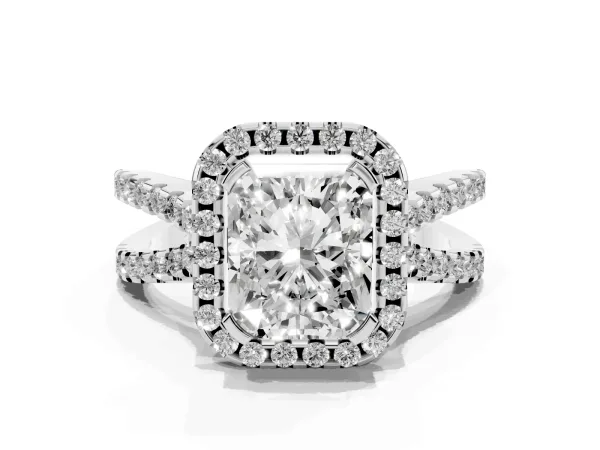 Radiant Cut Diamond Halo Ring with Split Shank Pavé Band and Prong Setting Platinum