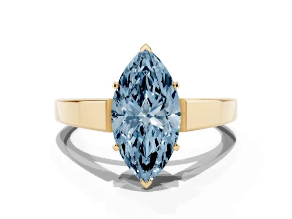 Fancy Blue Marquise Cut Solitaire Engagement Ring with Four-Prong Setting and Tapered Band Yellow gold