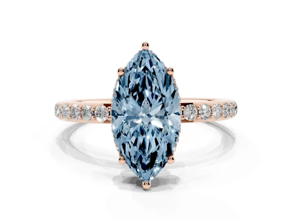 Fancy Blue Marquise Cut Diamond Solitaire Ring with Pavé Band and Hidden Halo Rose gold