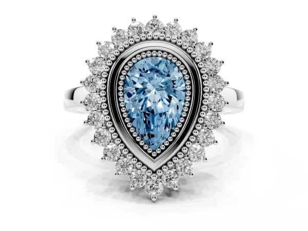Fancy Blue Pear Cut Halo Diamond Ring with Milgrain Edge and Round Prong Setting White gold