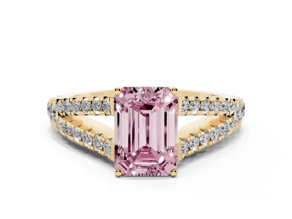 Fancy Pink Emerald Cut Diamond Split Shank Engagement Ring with Round Pavé and Prong Setting Yellow gold