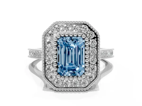 Fancy Blue Emerald Cut Diamond Halo Ring with Milgrain Frame and Pavé Band Platinum