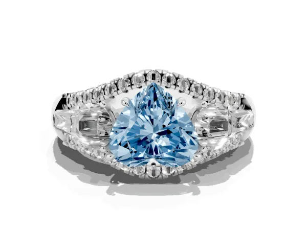 Fancy Blue Three-Stone Heart Cut Diamond Engagement Ring with Pave Band and Prong Setting White gold