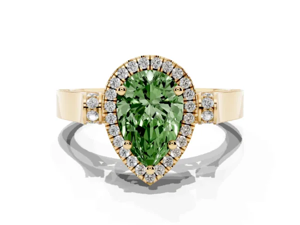 Fancy Green Pear Cut Halo Pave Split Shank Prong Setting Ring Yellow gold