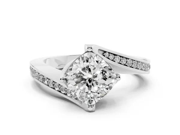 Cushion Cut Solitaire Diamond Twist Band with Pavé Setting and Four-Prong Setting White gold