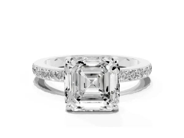 Asscher Cut Diamond Solitaire Engagement Ring with Pavé Band and Four-Prong Setting White gold