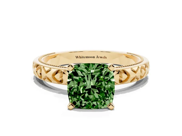 Fancy Green Cushion Cut Solitaire Diamond Engagement Ring with XO Engraved Band and Four-Prong Setting Yellow gold