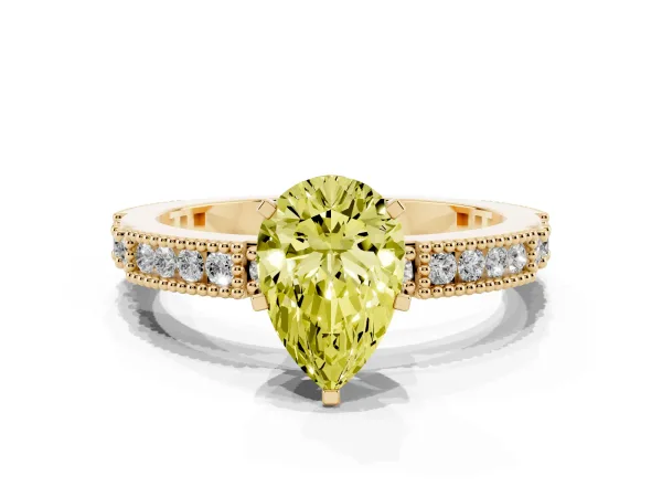 Fancy Yellow Pear Cut Solitaire with Pavé Band and Four-Prong Setting Yellow gold