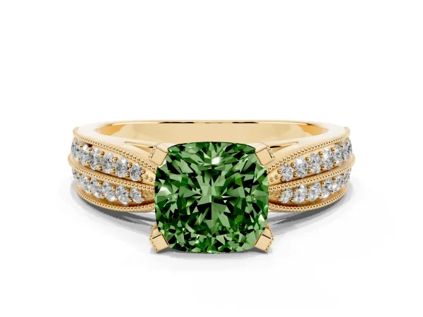 Fancy Green Cushion Cut Diamond Solitaire Ring with Milgrain Round Pavé Band and Prong Setting Yellow gold