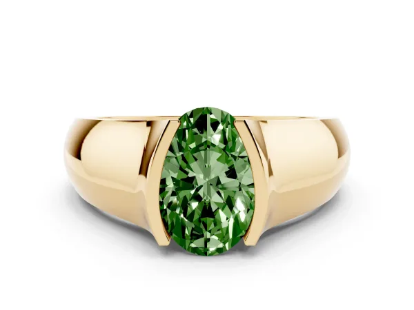 Fancy Green Oval Cut Solitaire Bezel Set Diamond Ring with Wide Band Yellow gold