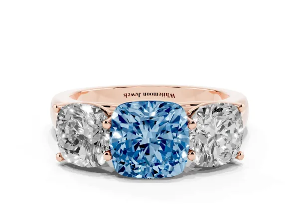 Fancy Blue Cushion Cut Three-Stone Diamond Ring with Prong Setting on a Classic Band Rose gold