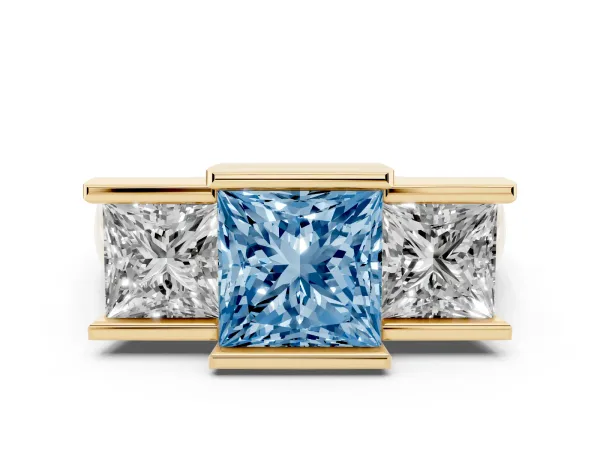 Fancy Blue Three Stone Princess Cut Cut Channel Set Diamond Ring Yellow gold