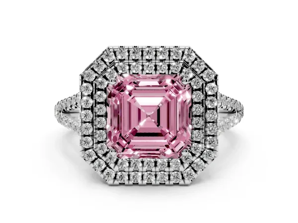 Fancy Pink Asscher Cut Diamond Double Halo Ring with Pavé Band and Prong Setting White gold