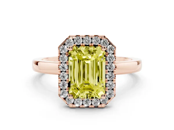 Fancy Yellow Emerald Cut Halo Diamond Solitaire with Pavé Band and Four-Prong Setting Rose gold