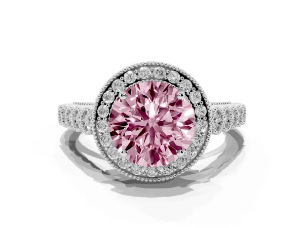 Fancy Pink Round Cut Halo Milgrain Solitaire with Bezel Set Side Stones and Pave Band Platinum