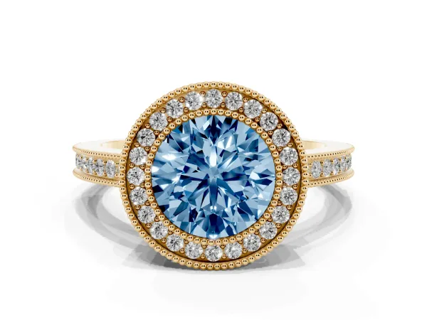 Fancy Blue Round Cut Cut Halo Diamond Ring with Pavé Band and Milgrain Prong Setting Yellow gold