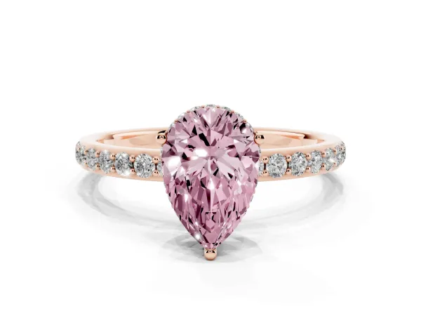 Fancy Pink Pear Cut Diamond Solitaire Ring with Pavé Band and Hidden Halo Rose gold