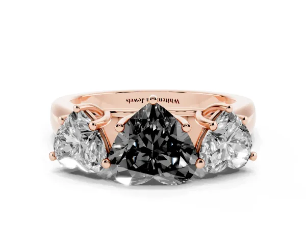 Fancy Black Heart Cut Three-Stone Diamond Ring with Prong Setting on a Classic Band Rose gold
