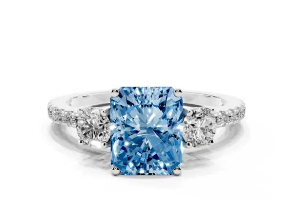 Fancy Blue Three-Stone Radiant Cut Cut Diamond Pavé Band with Prong Setting White gold