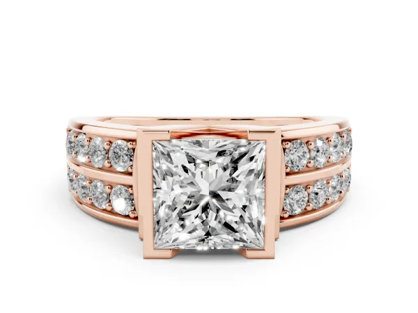 Princess Cut Brilliant Diamond Channel Set Wide Band Ring with Bezel Setting Rose gold