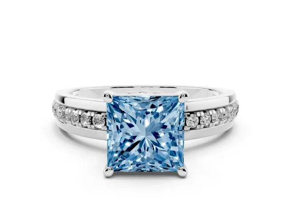 Fancy Blue Princess Cut Solitaire Diamond Ring with Channel Set Band and Six-Prong Setting Platinum
