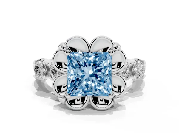 Fancy Blue Princess Cut Cut Diamond Floral Halo Engagement Ring with Shared Prong Setting White gold