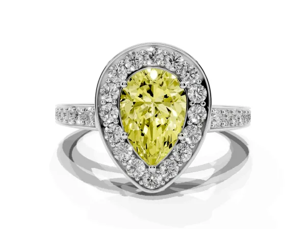 Fancy Yellow Pear Cut Halo Pavé Diamond Engagement Ring with Bezel Setting Platinum
