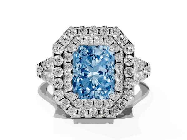 Fancy Blue Double Halo Radiant Cut Diamond Pavé Split Shank Ring with Prong Setting Platinum
