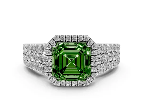 Fancy Green Asscher Cut Diamond Halo Engagement Ring with Triple Row Round Pavé Band and Prong Setting Platinum