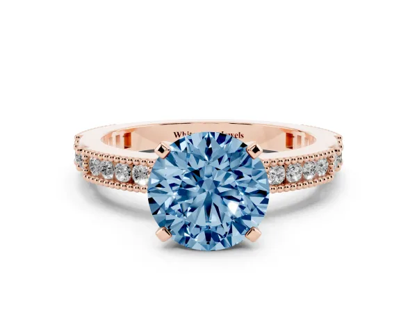 Fancy Blue Round Cut Solitaire with Pavé Band and Four-Prong Setting Rose gold