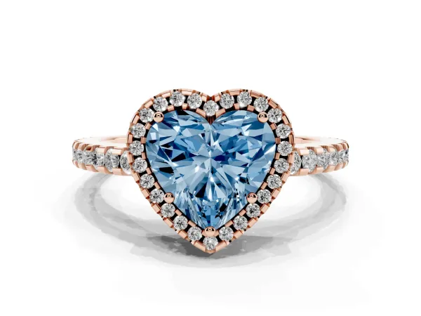 Fancy Blue Heart Cut Diamond Halo Engagement Ring with Pavé Band and Prong Setting Rose gold