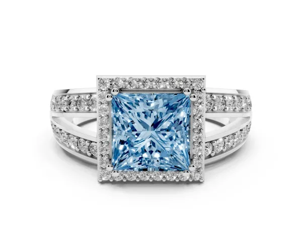 Fancy Blue Princess Cut Diamond Halo Ring with Split Shank Pavé Band and Four-Prong Setting Platinum