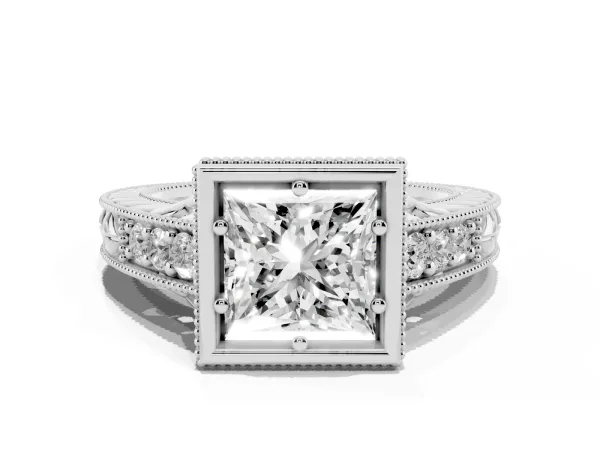 Bezel Set Princess Cut Diamond Milgrain Pave Engagement Ring White gold