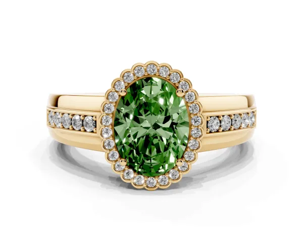 Fancy Green Oval Cut Cut Halo Pave Band Four-Prong Ring Yellow gold