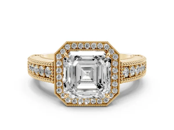 Asscher Cut Cut Halo Diamond Ring with Pavé Band and Four-Prong Setting Yellow gold